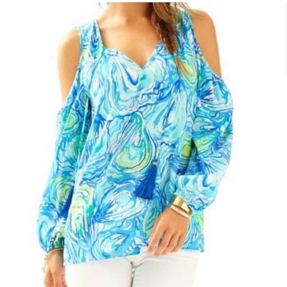 Lilly Pulitzer silk cold shoulder Oh Shucks print Finch top XS